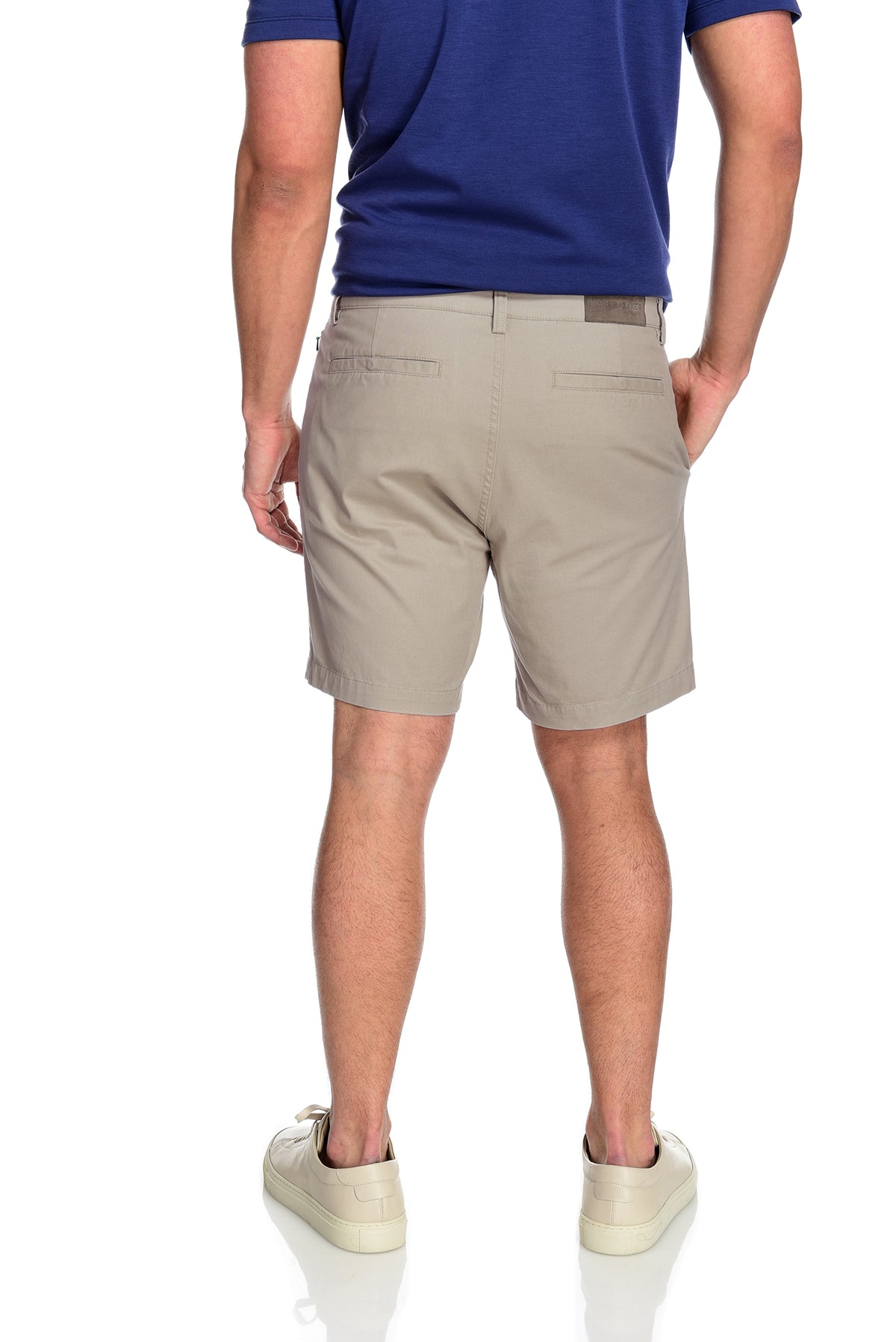 Men&#39;s 2-way stretching and breathable cotton blend Grayson Shorts in Khaki back welt pockets with snap closure detail